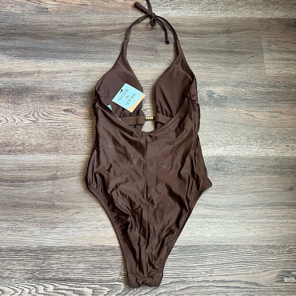 Women's High Shine Plunge Neck Cheeky One Piece Swimsuit Brown Small - Picture 4 of 5